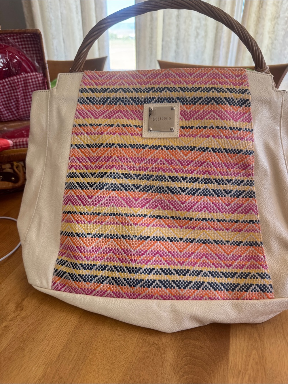 Miche White Tote with Pink, Orange & Navy Woven Panel